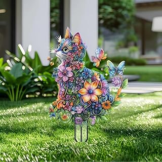 Acrylic Garden Stakes with Cat and Flowers - 2D Acrylic Garden Sign Fantasy Art for the Backyard, Gift for Nature Lovers for Indoor and Outdoor Flower Pots
