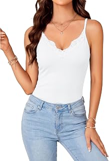 Womens Lace Tank Top Ribbed Spaghetti Straps V Neck Cami Top