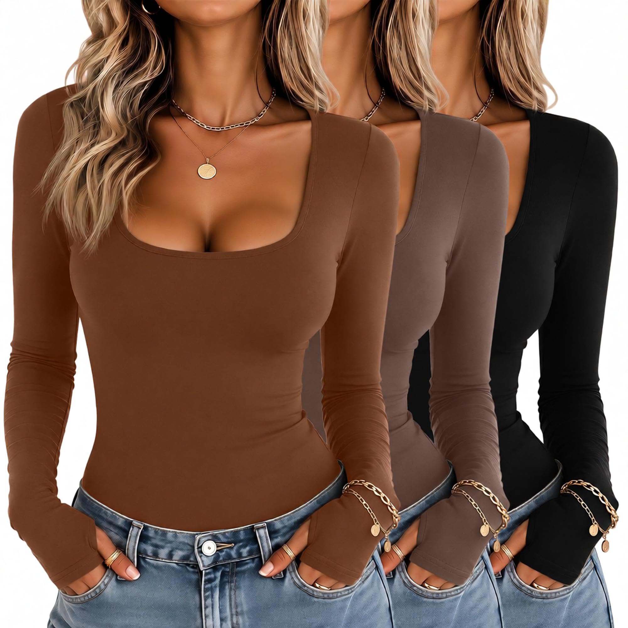 Oakgarden 3 Pack Thermal Shirts for Women Long Sleeve Fleece Top