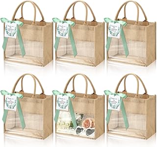 6 Pack Bridesmaid Burlap Tote Bags with Clear Window & Ribbon, Sage Green