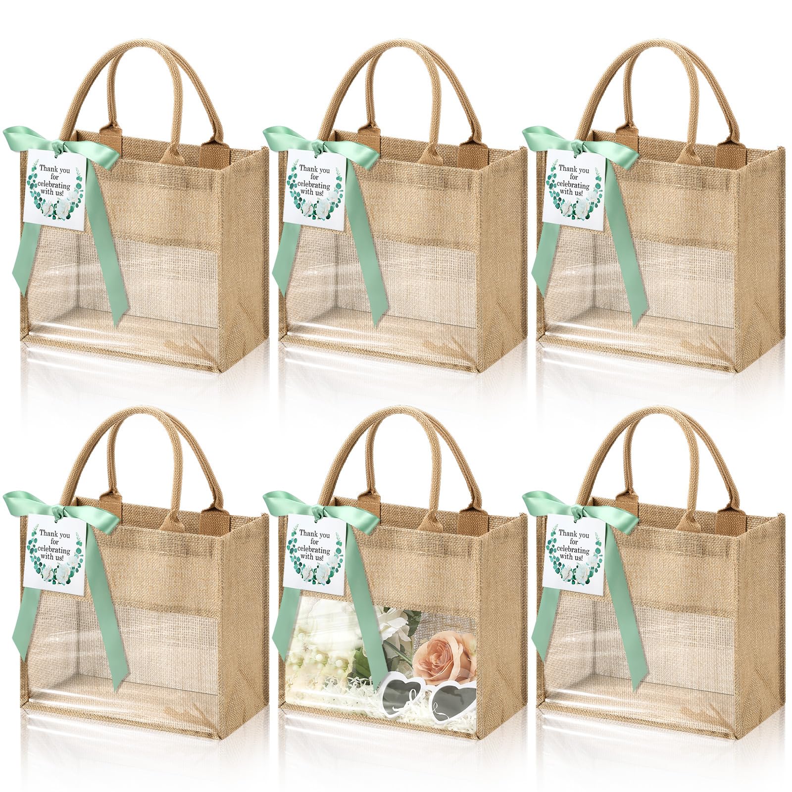 6 Pack Bridesmaid Burlap Tote Bags with Clear Window & Ribbon, Sage Green