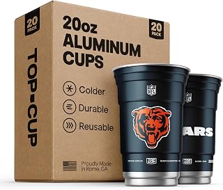 Top Cup NFL Chicago Bears Aluminum Party Cups, 20oz, 20 Count | Made in the USA, Colder, Durable, Reusable, Recycleable, Dishwasher Safe