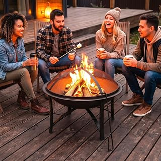 Fire Beauty 22" Outdoor Wood Burning Fire Pit with Spark Screen, Black | 600 Degree High Temp Paint; Thick Carbon Steel; Rust Resistant; Large Capacity; Family Safe; Backyard Patio Bonfire