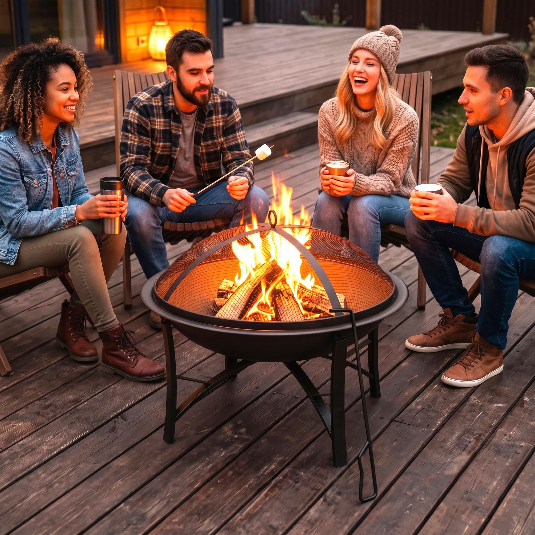 Fire Beauty 22" Outdoor Wood Burning Fire Pit with Spark Screen, Black | 600 Deg