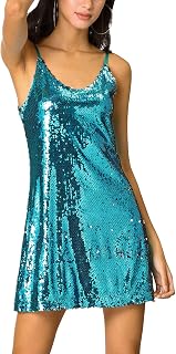Allegra K Women's Sequin Dress Sleeveless V-Neck Party Spaghetti Strap Dress Glitter Metallic Mini Dress