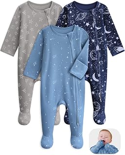 Unnivoll Baby Sleepers 100% Organic Cotton Baby Pajamas Boys Girls Clothes | Footie Pajamas for Newborn 0-3 3-6 6-9 Months, 3Pcs Soft Infant Footed PJs with Mitten Cuffs, Two Way Zipper, Long Sleeve