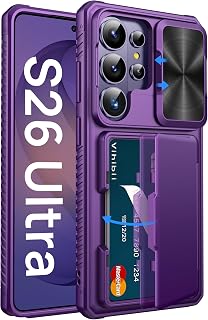 Vihibii for Samsung Galaxy S26 Ultra Case with Card Holder, Dark Purple | RFID Blocking, Slide Camera Cover, Military-Grade Drop Protection, Rugged Hard Back, Silicone Edge Wallet Case, Dark Purple