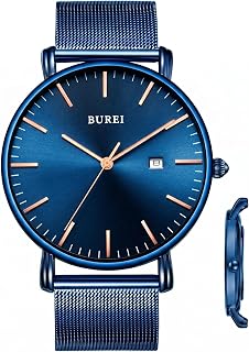BUREI Men's Analog Watch, Made in Japan, Quartz, Thin, Simple, Waterproof, Business, Milanese Mesh Belt, Stylish, Popular, Date Brand, Blue, Minimalist Wrist Watch