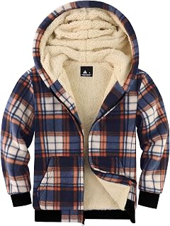 Boys Flannel Jacket Hooded Fleece Lined Zip-up Hoodies Plaid Coat for Kids