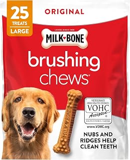 Milk-Bone Brushing Chews Large Daily Dental Dog Treats, 33.7 oz Bag | 25 treats, chicken flavored, VOHC accepted dental chews, helps clean teeth and freshen breath, for large dogs 50 lbs and up