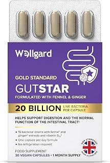 Wellgard Gutstar Bio Cultures for Gut Health, 20 Billion CFU - 16 Strains Bio Culture Supplement for Women & Men, with Fennel, Ginger & Vitamin B12, Vegan, 30 Capsules, UK Made