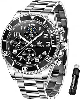 OLEVS Mens Watches Luxury Stainless Steel Big Face Waterproof Moon Phase Luminous Rotating Bezel Dress Watch,Blue/Black/Green/Gold/Face Daily Business Wear