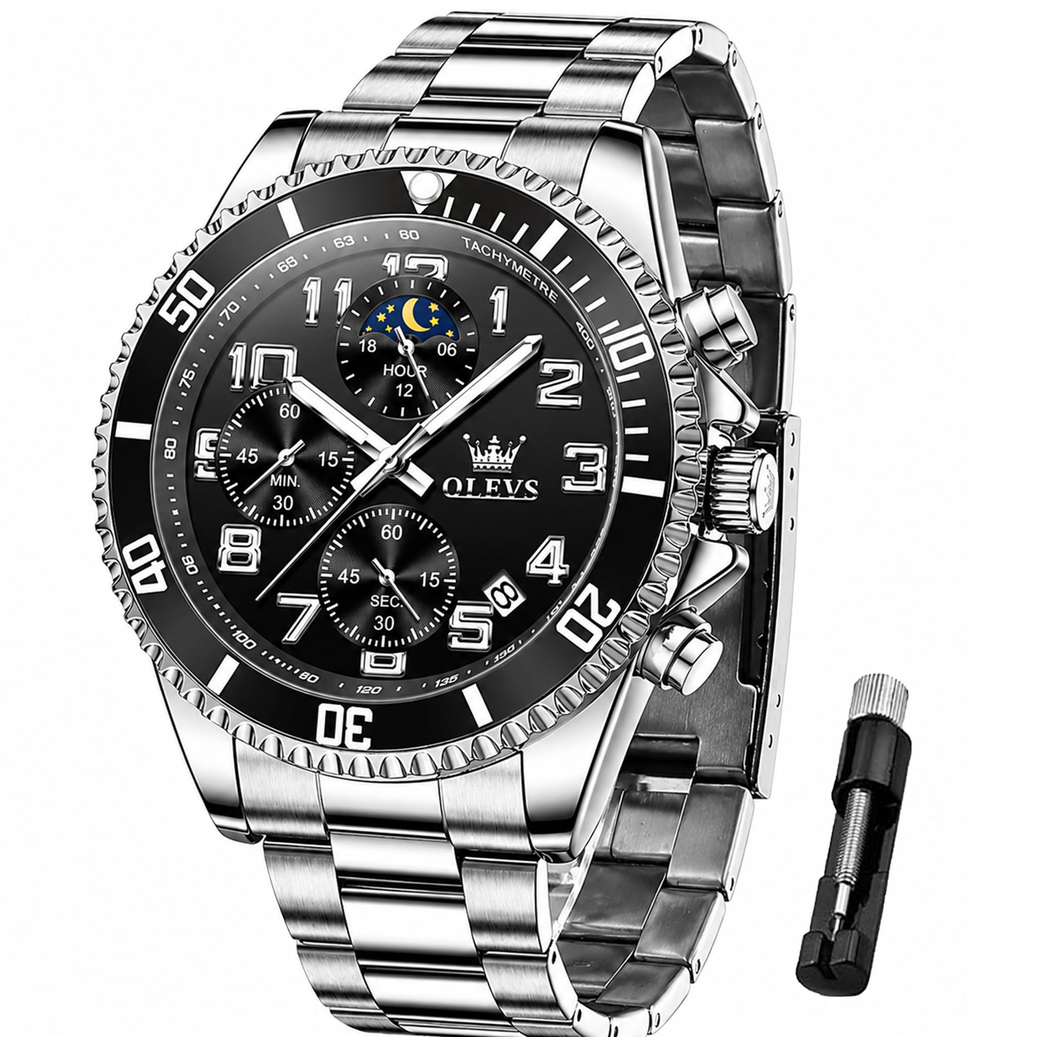 OLEVS Mens Watches Luxury Stainless Steel Big Face Waterproof Moon Phase Luminou