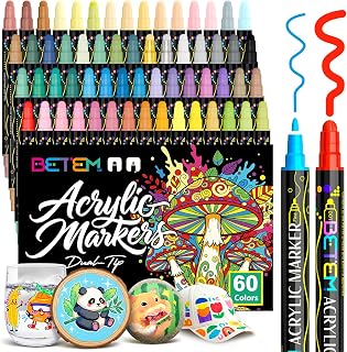 Betem 60 Colors Dual Tip Acrylic Paint Pens Markers - Premium Water-Based Art Pens - Acrylic Paint Markers for Fabric, Rock, Wood, Glass, Eggs, Canvas, Ceramic, Art Supplies, Fabric Paint Markers