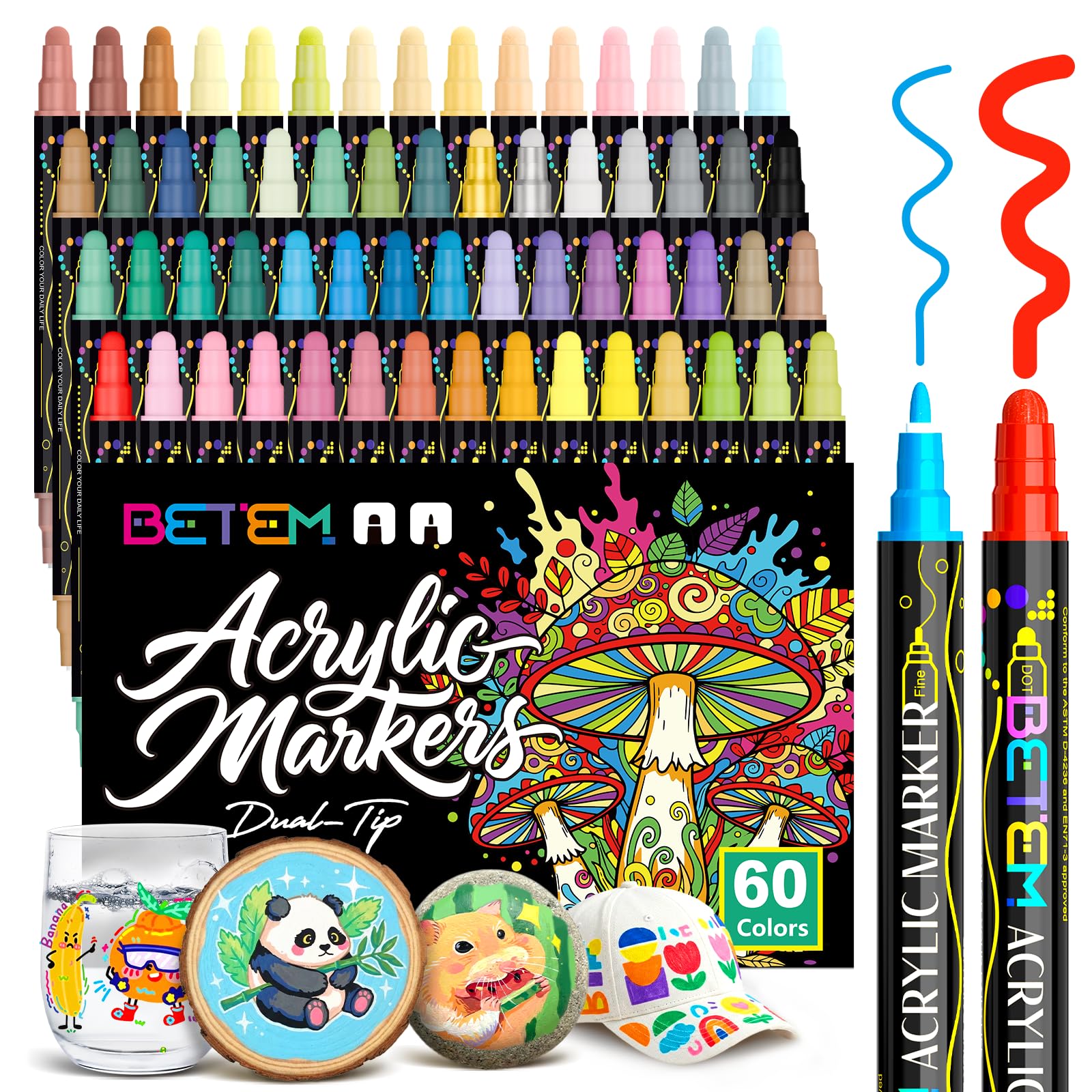 Betem 60 Colors Dual Tip Acrylic Paint Pens Markers - Premium Water-Based Art Pe