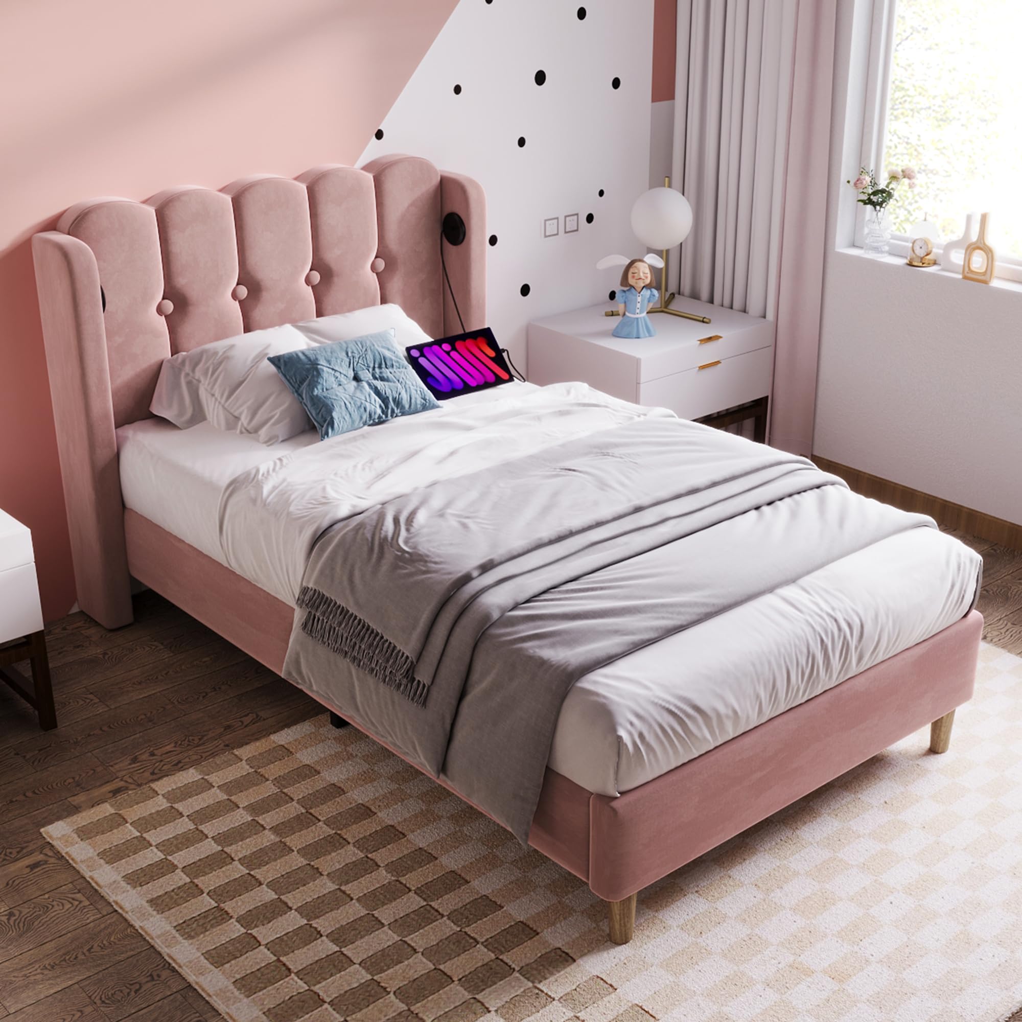 Merax Single bed frame, 3ft Single Upholstered Bed, USB and Type-C Charging, Stu