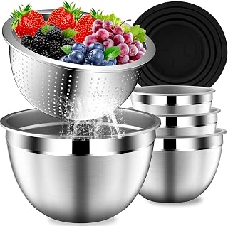 Mixing Bowls with Lids Set, Stainless Steel Mixing Bowl with Colander | Home and Kitchen Essential incl. Strainer 3 Qt with Mixing Bowl 1.5/2/2.5/3/4.5Qt for Fruit, Salad, Serving, Cooking - Black