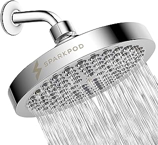 SparkPod Rain Shower Head, 6 Inch Round, Luxury Polished Chrome Finish | High Pressure Shower Heads, 90 Nozzles, Adjustable Showerhead, No Tools Needed, Universal Connection