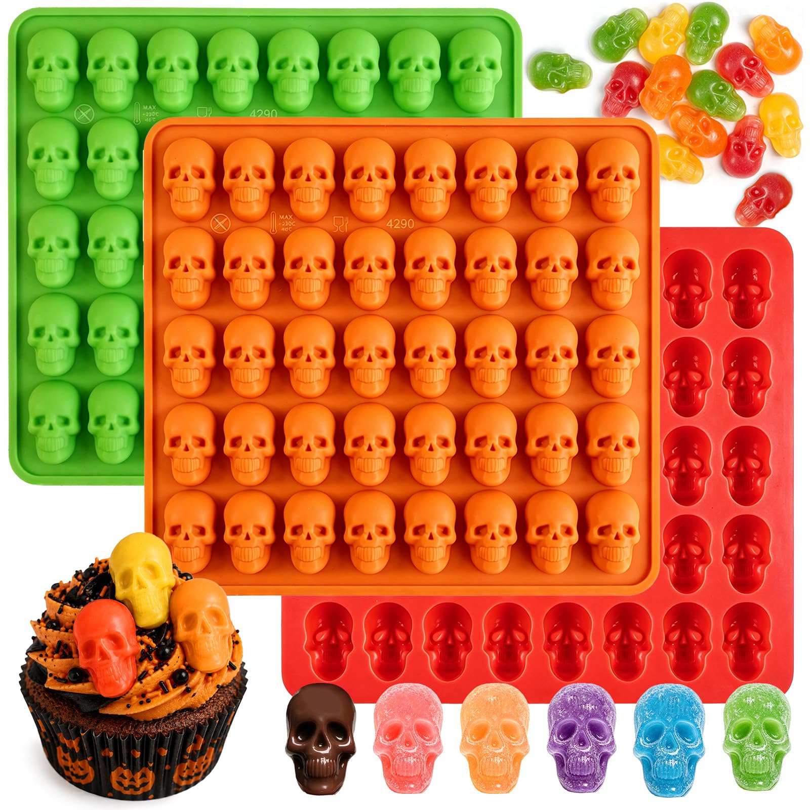 120 Cavity Mini Skull Silicone Molds, Halloween Skull Gummy Candy Mold | Non-Sti