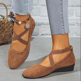 Women Dress Flats Flat Wedge Round Toe Elastic Toe Fashion Ankle Strap Comfortable Casual Flat Shoes