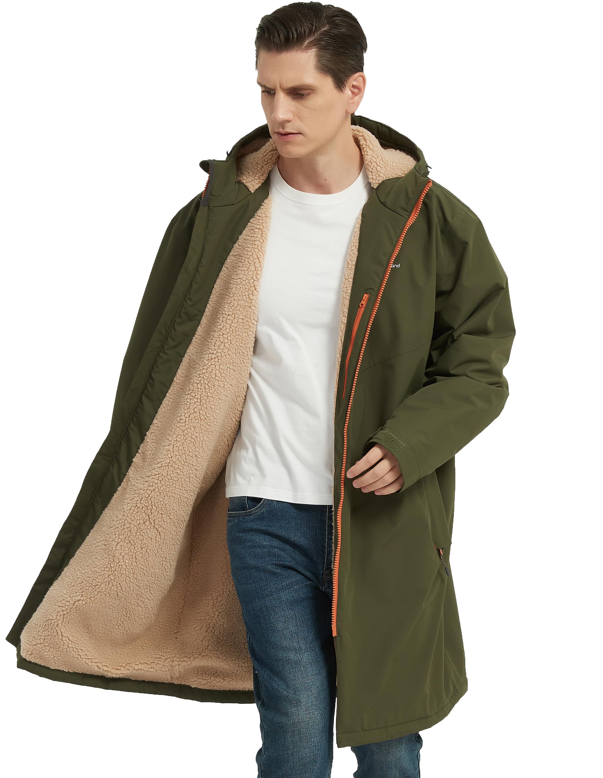 NORDIC OUTLAND Winter Coat Waterproof Sherpa Lined Hooded Robe Windproof 4 Pocke