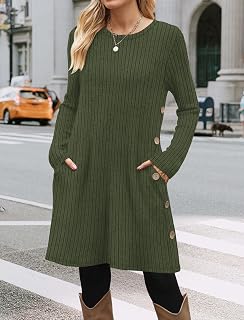 Fall and Winter Tunic Dress with Pockets Long Sleeve Crew Neck Buttons Side