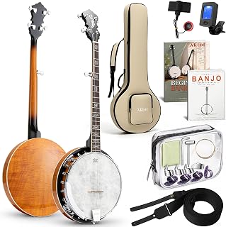 AKLOT 5-String Banjo Deluxe Set: 38-Inch Full-Size Banjo with Remo Head, Okoume Tiger Stripe Back, Open-Back or Closed-Back Playing, With Pickup, Tuner, Bag, Strap, Pick, Bridge, for All Levels