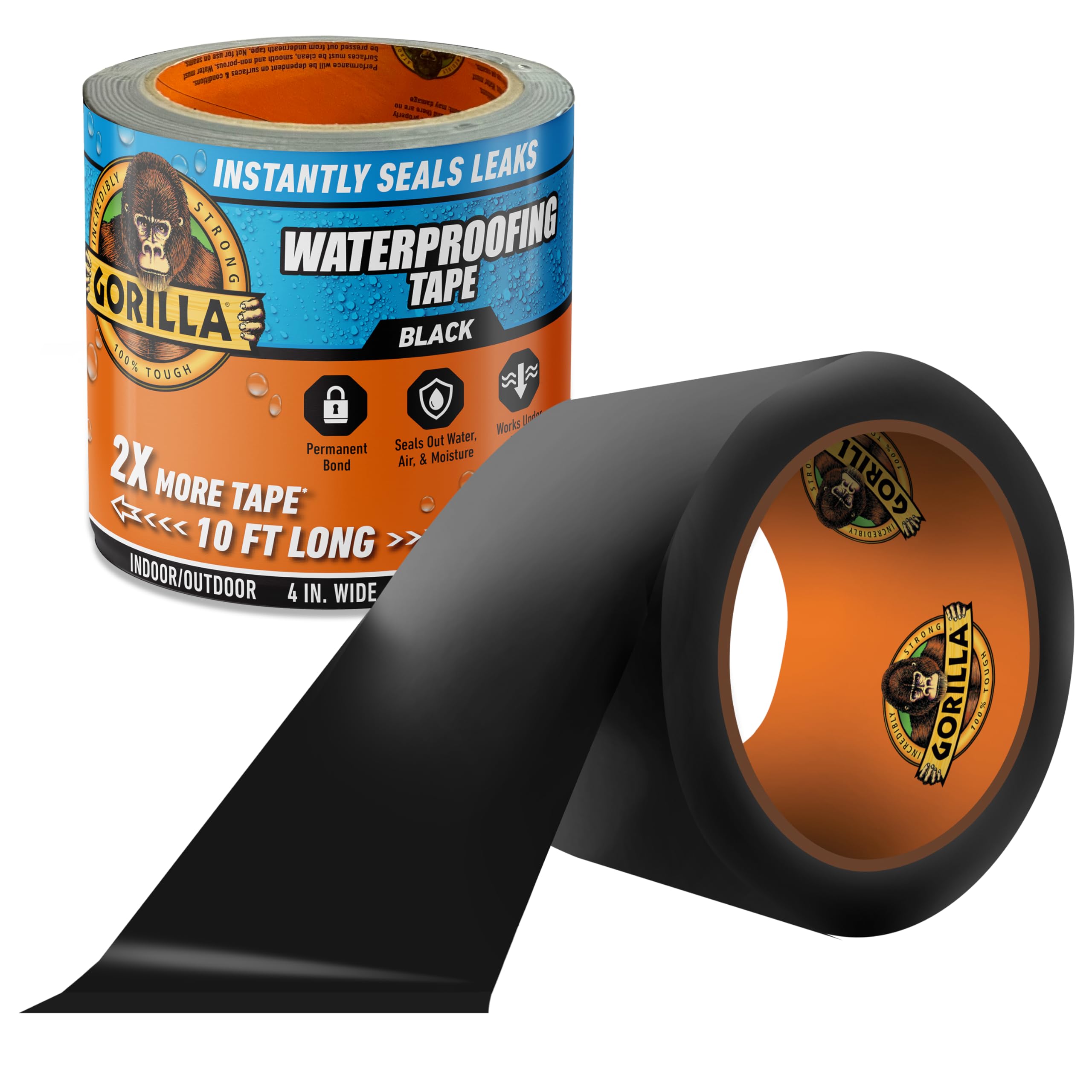 GORILLA Waterproofing Tape, Permanent, Black, 4" x 10', 1-Pack | Weather Resista