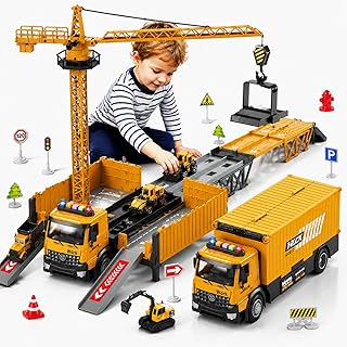 Carrier Truck Race Track Boy Toddlers Toys, Truck Toys for Toddlers 3-5 5-7, Toy Transport Car with Tower Crane Light & Sound, Excavators Cars Gifts for Age 3 4 5 6 7 Years Old Boys Girls