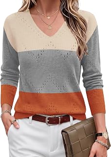 Zeagoo Fashion Sweaters for Women Long Sleeve Cold Shoulder Crochet V Neck Knit Pullover Sweaters C-Colorblock Apricot L