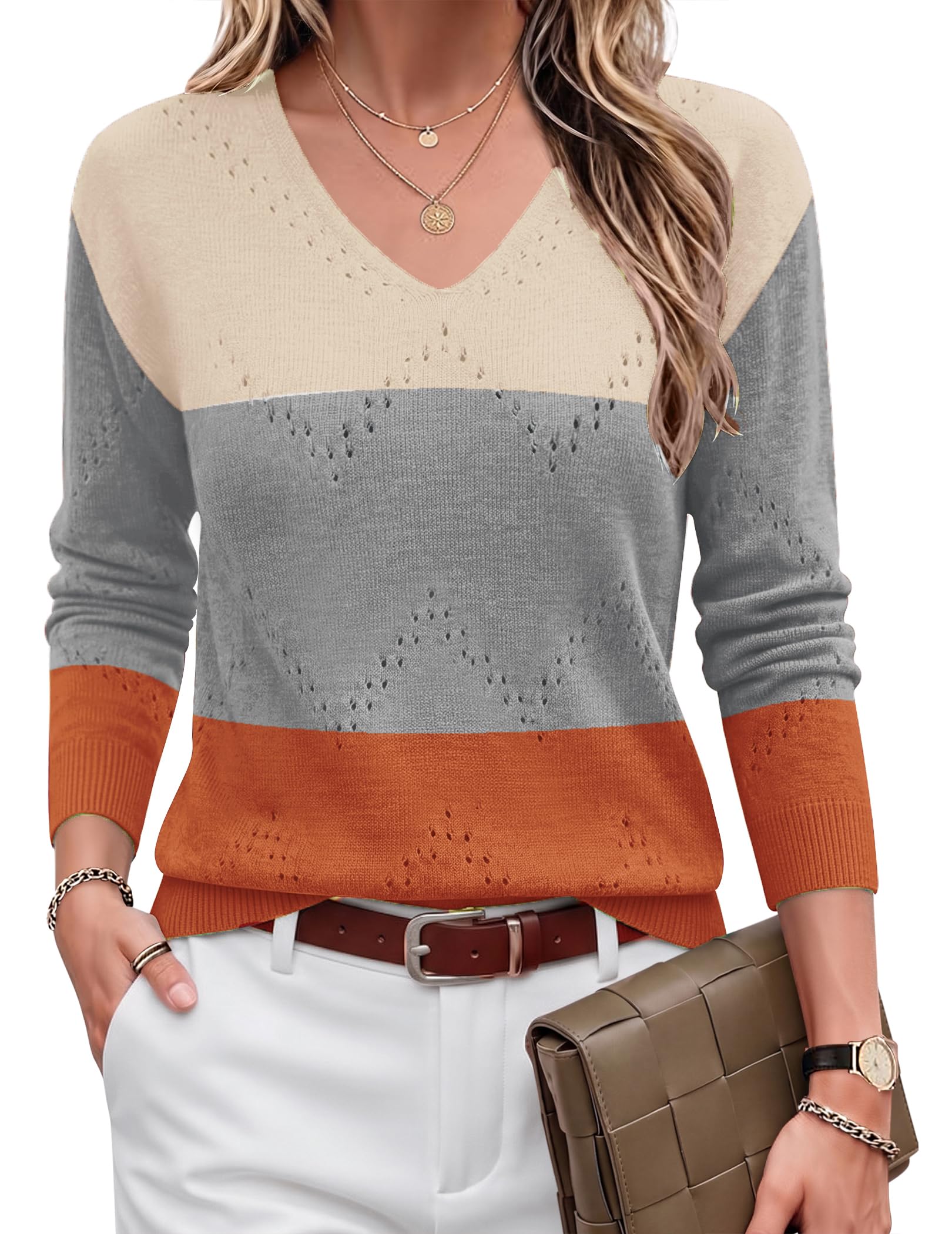 Zeagoo Fashion Sweaters for Women Long Sleeve Cold Shoulder Crochet V Neck Knit 