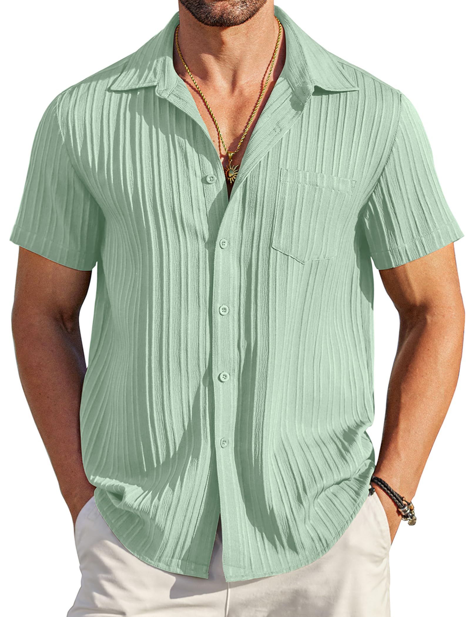 COOFANDY Men's Casual Button Down Shirts Short Sleeve Textured Summer Beach Shir