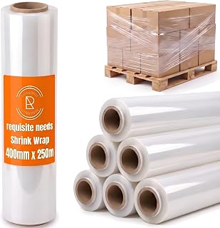 REQUISITE NEEDS Heavy Duty Stretch Film 400mm x 250m – Waterproof & Moisture Proof Pallet Wrap for Packaging, Moving & Storage (Clear, 6)