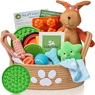 Huxley Barker Deluxe New Puppy & Dog Gift Basket for Puppies, Adopted Dogs & Small Family Dogs - Dog Lick Mat, Chew Toys, Squeaky Toys, Toy Box, Treat Mold, Pet Blanket - Essential Pet Supplies