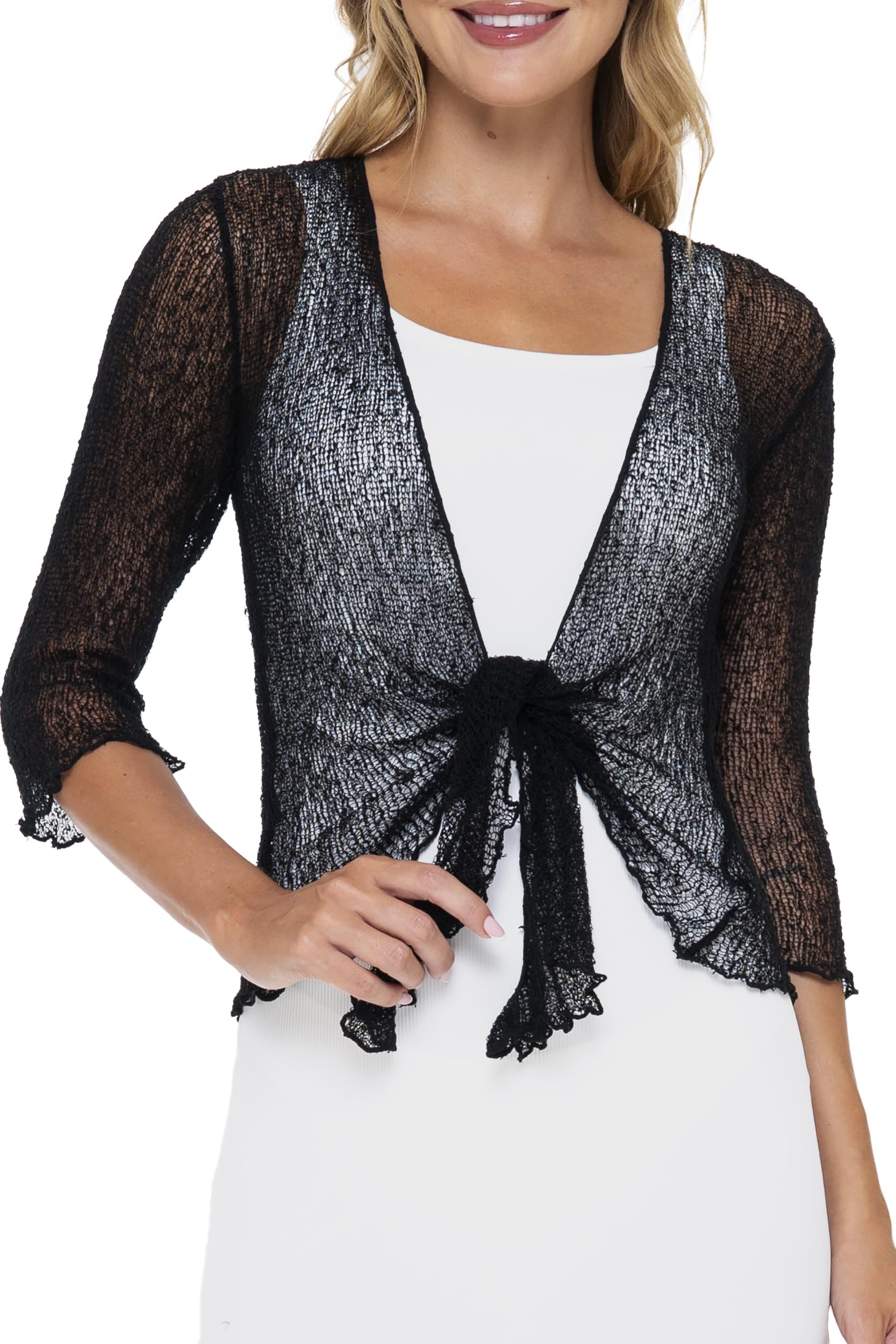 SHU-SHI Womens Sheer Shrug Cardigan Lightweight Mesh Knit 3/4 Sleeve