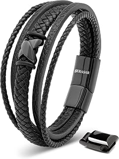 SERASAR Men's Black Cowhide Leather Bracelet, Braided, Magnetic Steel Clasp