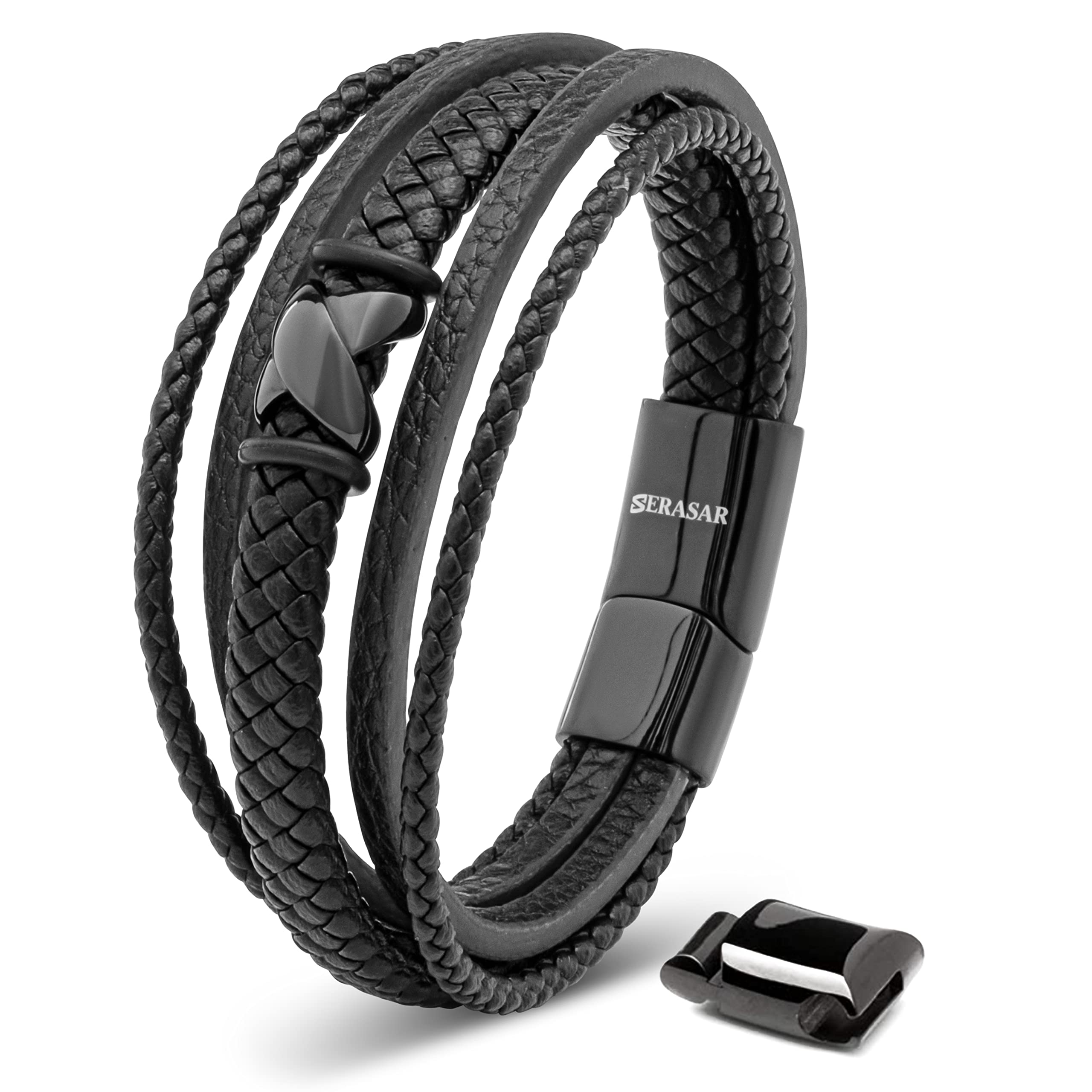 SERASAR Men's Black Cowhide Leather Bracelet, Braided, Magnetic Steel Clasp