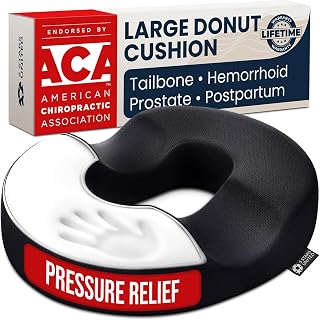 5 STARS UNITED Donut Pillow Hemorrhoid Tailbone Cushion – Large Cushion for Pain Relief – Coccyx, Prostate, Sciatica, Pelvic Floor, Pressure Sores, Pregnancy, Postpartum Recovery, Black