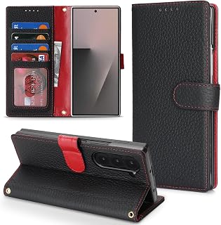 Genuine Leather Case for Galaxy Z Fold6 Wallet Case for Samsung Galaxy Z Fold 6 5G Magnetic Flip Cover Book Purse Card Holder Kickstand Shockproof Phone Cover-Black+Red
