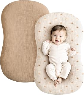 Konssy 2 Pack Muslin Baby Lounger Covers, Covers Only, 30.7" x 20" | 100% Cotton, Soft & Breathable, Baby Nest Slipcover, Envelope Closure, Pre-Washed for Lasting Fit (Camel,Sun)