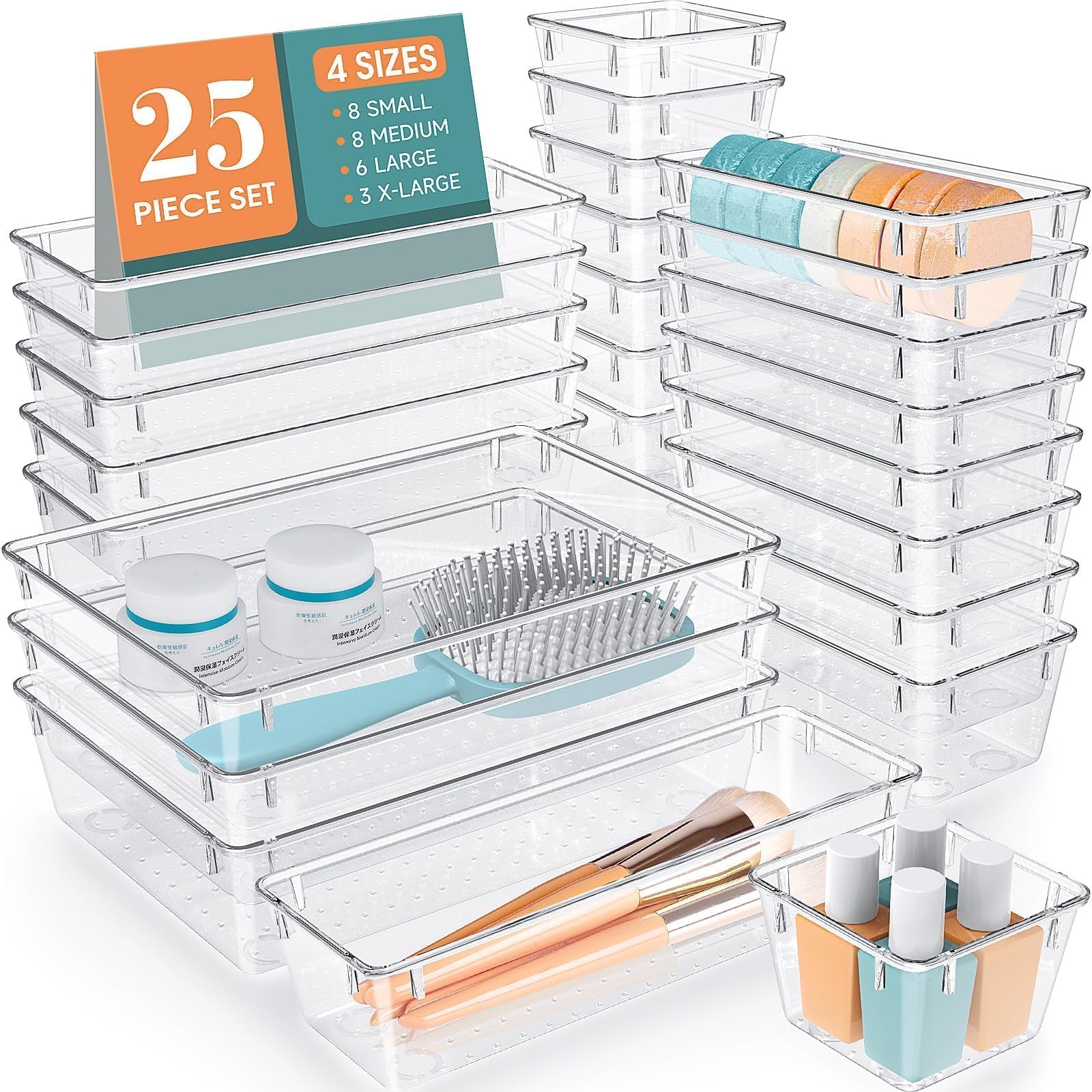25 PCS Clear Plastic Drawer Organizer, Makeup Organizers and Storage Bins | 4 Si