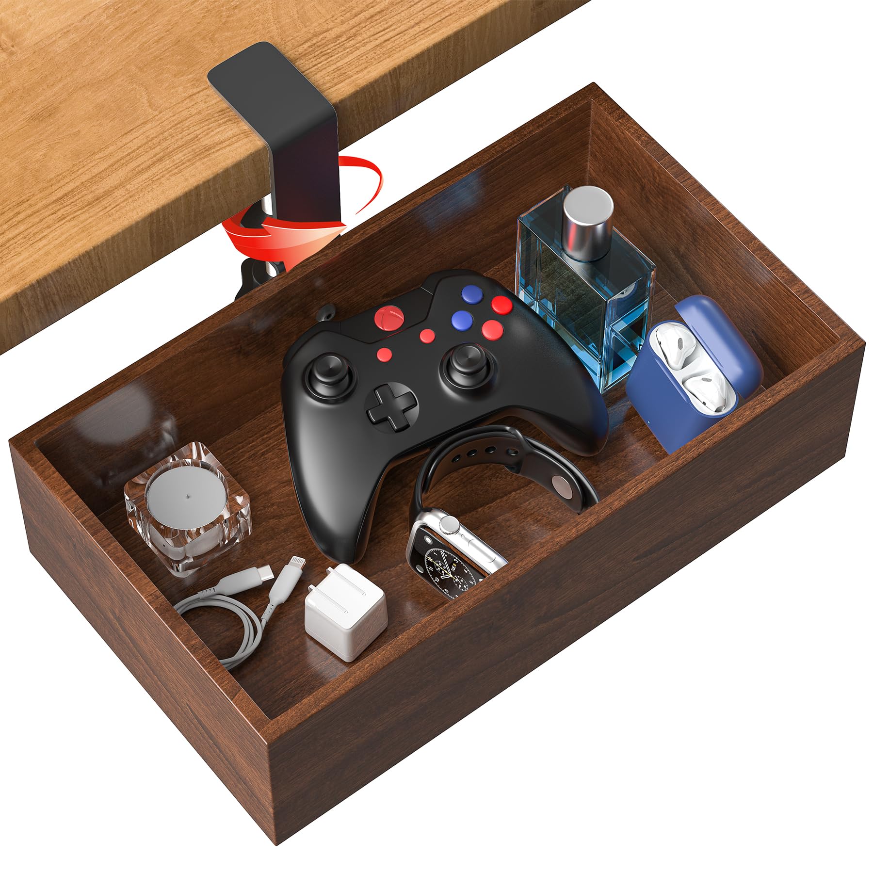 Under Table Storage Rack, 360-Degree Rotating Desk Drawer, Clamp-Style Multi-Fun