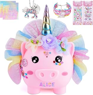 Play Tailor Piggy Bank for Girls Unicorn Coin Bank Christmas Birthday Gifts | Necklace Bracelet Stickers Included, DIY Personalization, Large Capacity & Easy Access, Durable & Unbreakable, Ideal Gift