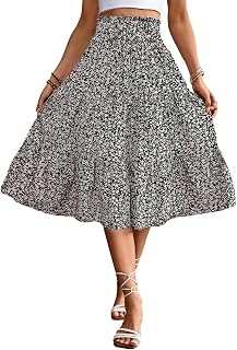Women's High Elastic Waist Midi Skirt Casual Summer Trend Tie Front Flowy Ruffle Floral Print A-Line Skirt DJ626