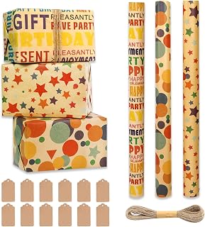 Recyclable Birthday Wrapping Paper Roll, 43x300cm Kraft Rolls and Tags, 3 Rolls Happy Gift Wrap for Girls Boys Kids