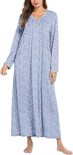 Ekouaer Women's Long Sleeve Nightgown Full Length Sleepwear Long Sleepshirts Henley Sleep Dress