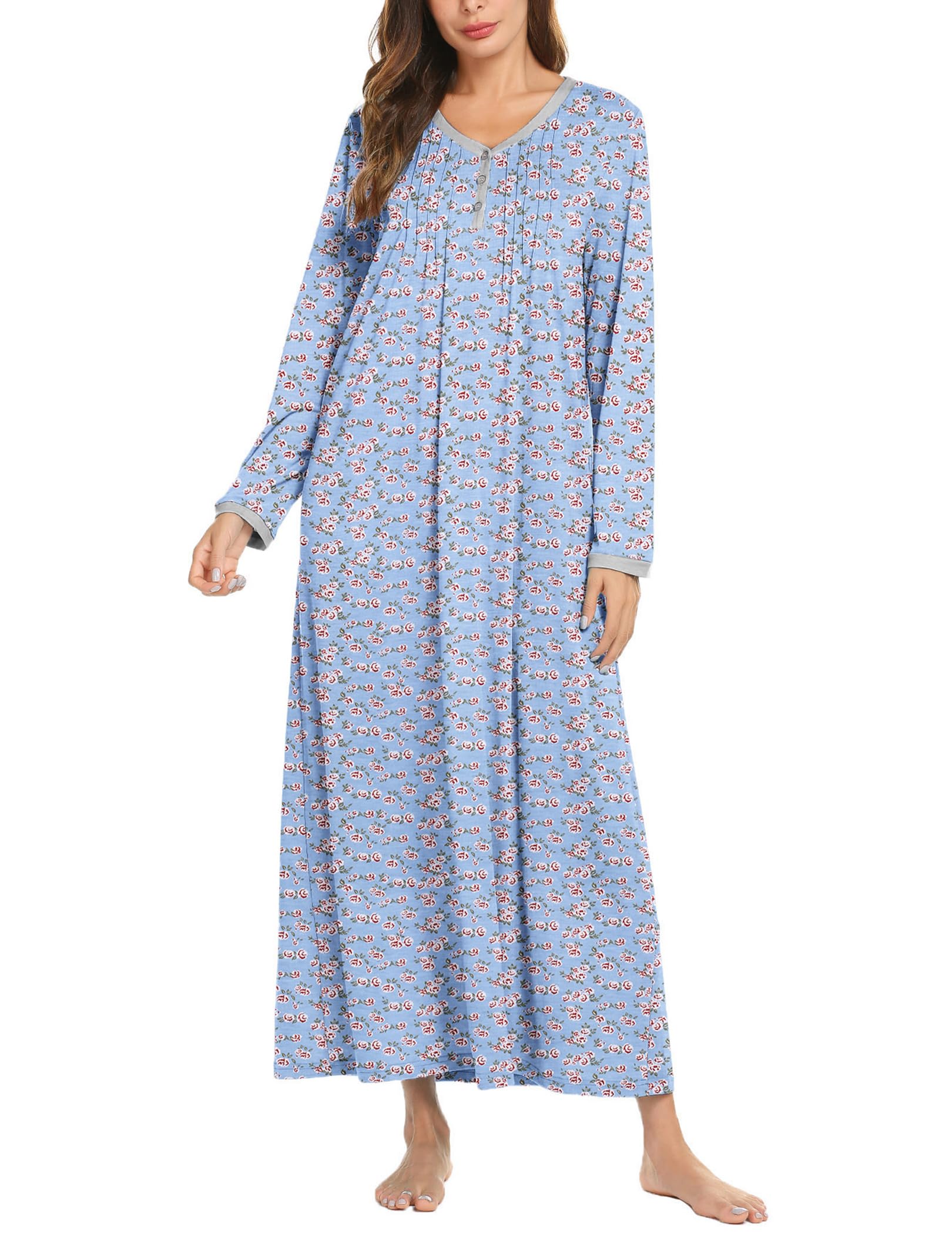 Ekouaer Women's Long Sleeve Nightgown Full Length Sleepwear Long Sleepshirts Hen