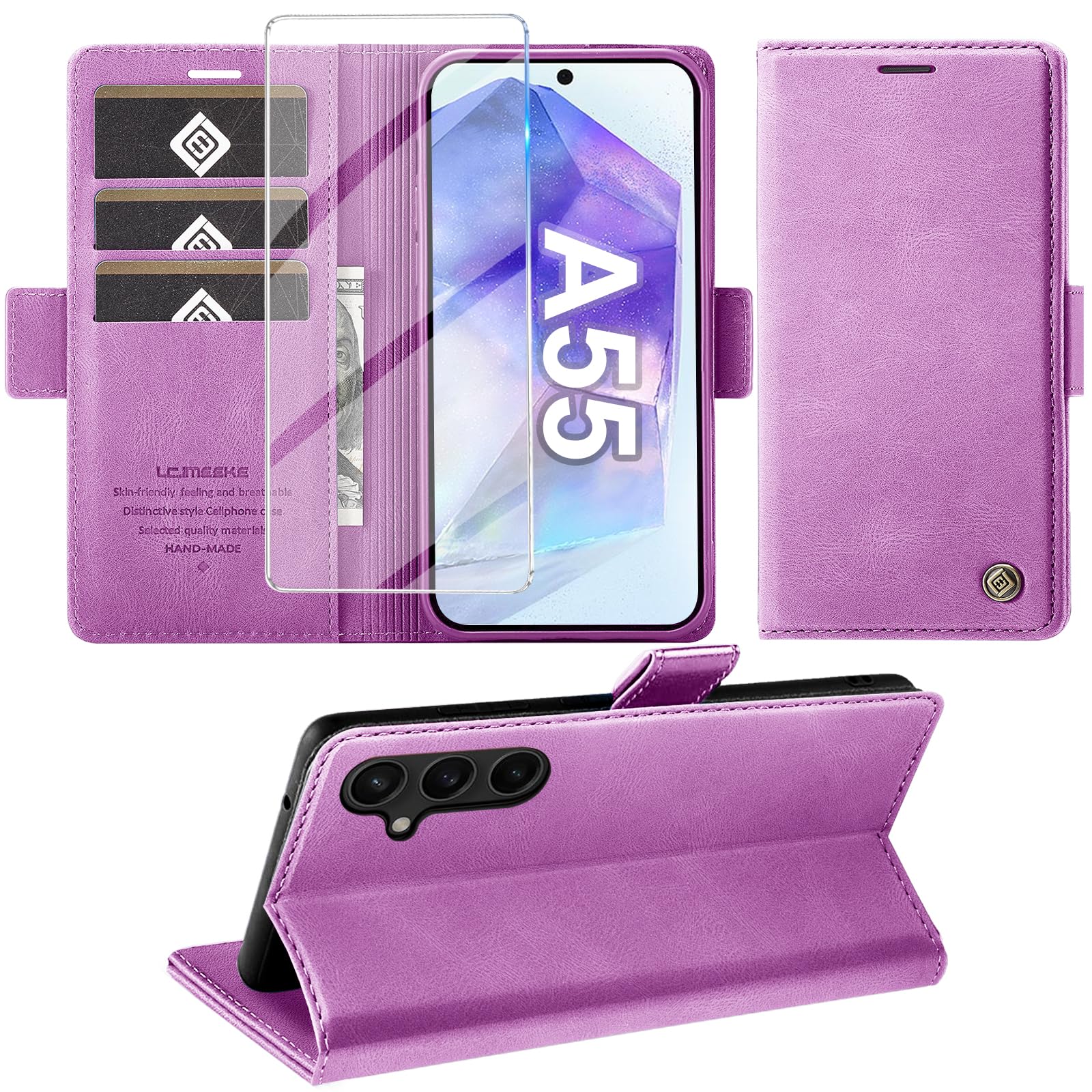 Giyer Cover for Samsung Galaxy A55 5G Case with Tempered Glass, Premium PU Leath