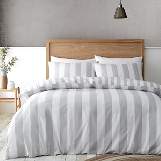 Catherine Lansfield Cove Stripe Reversible Duvet Cover Set with Pillowcases - Silver Grey