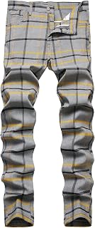 JE&NS Men's Stretch Slim Fit Flat-Front Casual Skinny Chinos Plaid Dress Pants